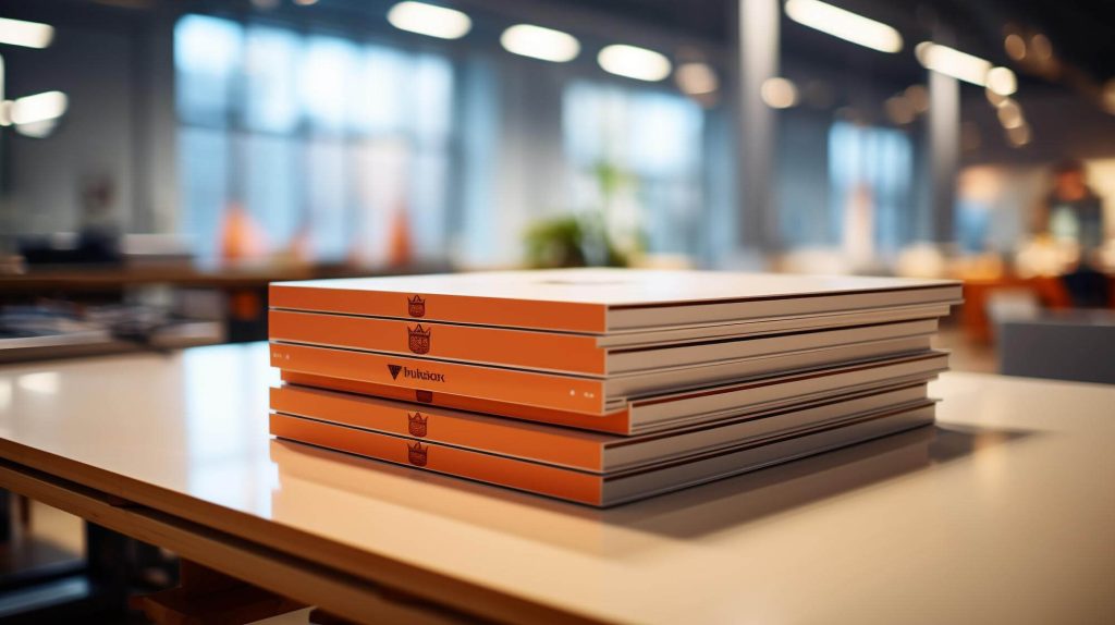 Stack of branded orange business reports on a desk, symbolizing the structured ExitLogic Diagnostic used by Ventariom Advisory to assess sale readiness.
