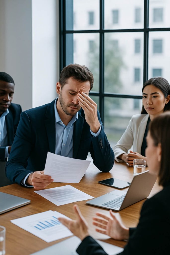 Worried business owner in a boardroom holding documents, representing the common pitfalls in unstructured business sale processes.