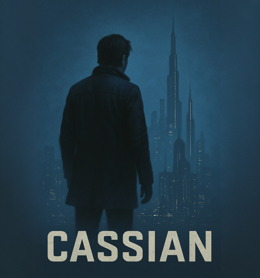 Silhouetted man in front of a futuristic city skyline, representing Cassian, the data-driven intelligence engine behind Ventariom’s ExitLogic system.