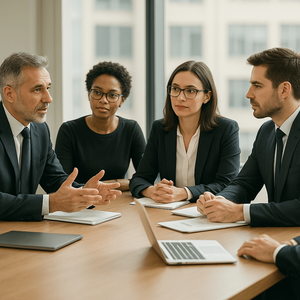 Group of business professionals in a boardroom discussing advisory strategy, representing Ventariom's partner platform for M&A and finance experts.