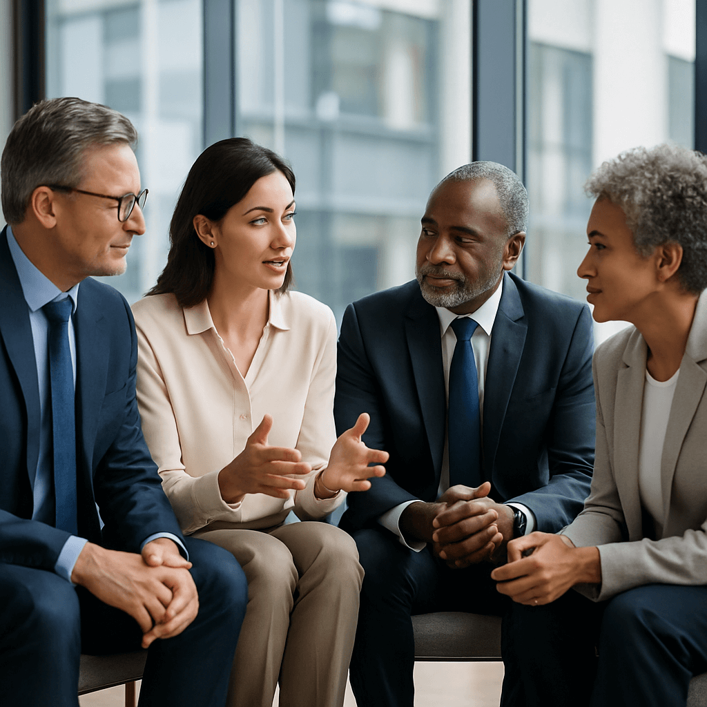 Four experienced professionals in discussion, representing Ventariom Advisory’s target audience of mid to late-career operators, advisors, and dealmakers.
